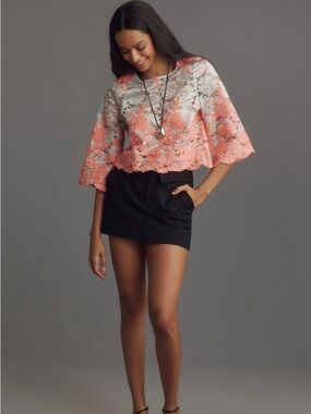 Eva Franco Anthropologie Lacey Crop Bell Sleeve Top Blue Pink Boho Lace Size S